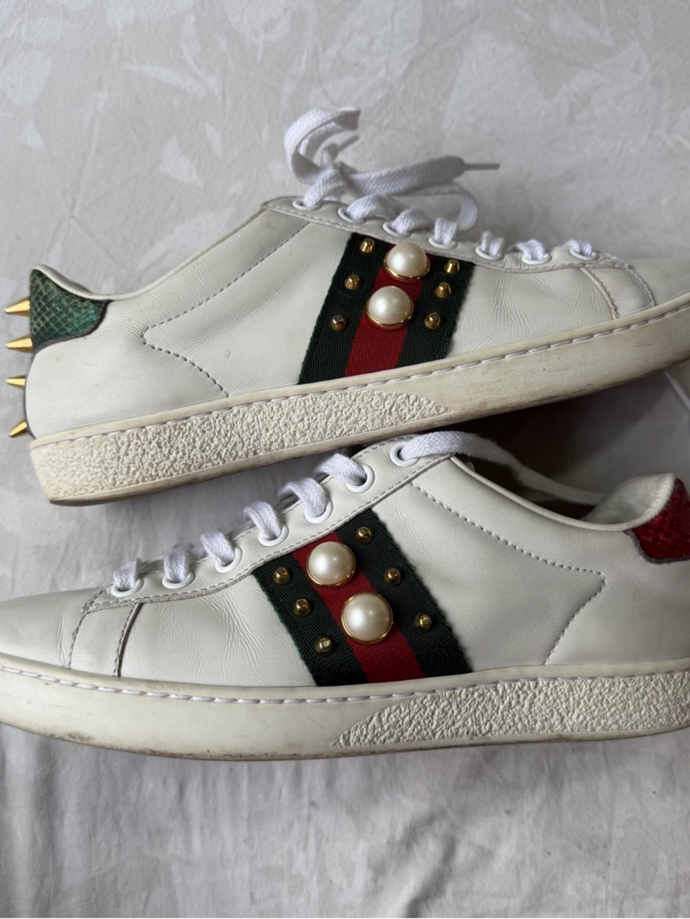 Gucci White Leather Pearl & Stud Web Stripe Sneakers